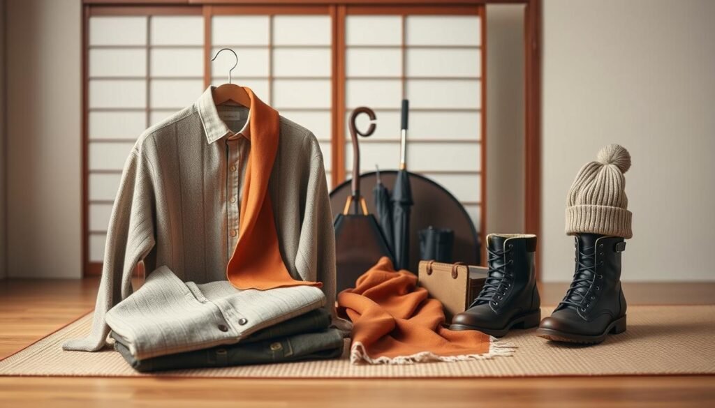 A beautifully curated still life capturing the essential items for a stylish Japanese seasonal wardrobe. In the foreground, a vignette of tastefully folded garments - a cozy wool sweater, a crisp cotton button-down, and a delicate silk scarf in autumnal hues. In the middle ground, an array of practical accessories artfully arranged: sturdy leather boots, a compact umbrella, and a warm knit beanie. The background subtly suggests a minimalist Japanese interior, with a sliding shoji screen casting soft, diffused light across the scene. The overall mood is one of refined elegance and thoughtful preparation, capturing the essence of seasonal fashion in Japan.