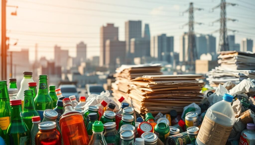 A brightly lit, high-resolution photograph of various recyclable materials commonly found in Japan. In the foreground, an assortment of glass bottles, aluminum cans, and plastic containers in vibrant colors. In the middle ground, stacks of neatly sorted paper and cardboard. In the background, a blurred urban landscape with high-rise buildings and power lines, conveying the bustling city environment. The scene is illuminated by warm, natural lighting, casting subtle shadows and highlighting the textures of the materials. The overall composition emphasizes the organized and structured nature of Japan's recycling system.