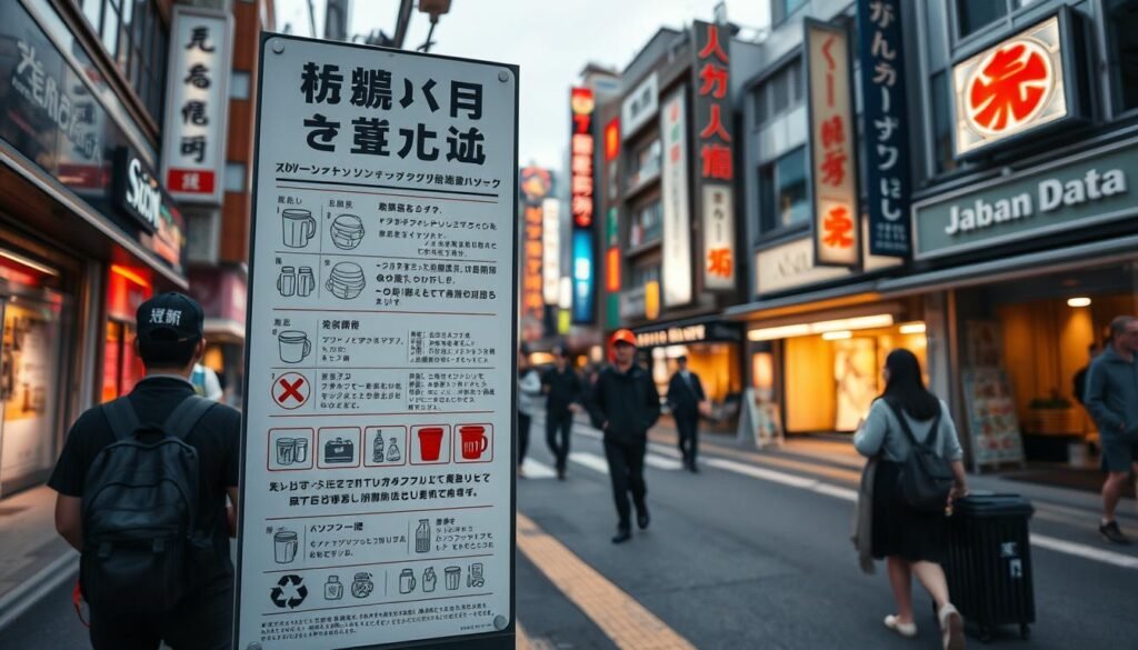 A bustling Japanese street scene, with a prominent sign in the foreground outlining the country's intricate garbage and recycling rules for tourists. The sign features detailed pictograms and text, meticulously explaining the complex waste sorting and disposal procedures. In the middle ground, pedestrians navigate the sidewalk, carefully adhering to the guidelines. The background showcases the iconic architecture and neon-lit storefronts of a vibrant Japanese city, set against a softly lit, dusky sky. The overall mood is one of order, precision, and a sense of civic responsibility, reflecting Japan's renowned waste management practices.