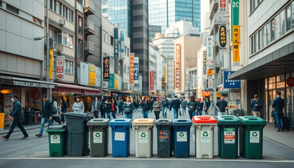 A bustling street in a Japanese city, with a mix of modern and traditional buildings in the background. In the foreground, a variety of neatly organized recycling bins and trash cans in distinct colors and shapes, reflecting the meticulous waste management system. Pedestrians walk by, navigating the well-marked collection points. The scene is bathed in warm, diffused lighting, capturing the efficient yet harmonious approach to waste disposal in Japan.