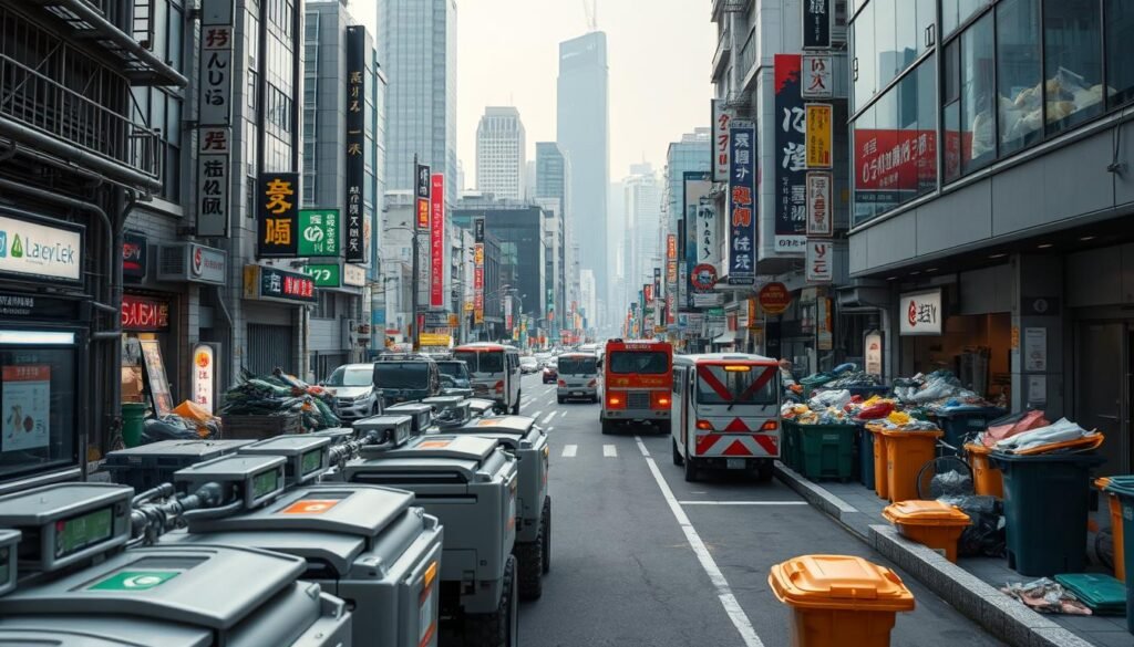 A detailed, technologically advanced trash collection system in a bustling Japanese city. In the foreground, robotic refuse collectors efficiently sort and transport various waste streams. In the middle ground, a fleet of specialized vehicles navigate narrow streets, collecting refuse from color-coded bins. The background showcases a modern urban landscape with towering skyscrapers, neon signs, and a sense of organized efficiency. Soft, diffused lighting illuminates the scene, creating a sense of technological sophistication. The composition emphasizes the seamless integration of this waste management infrastructure into the fabric of the city, reflecting Japan's commitment to environmental sustainability.
