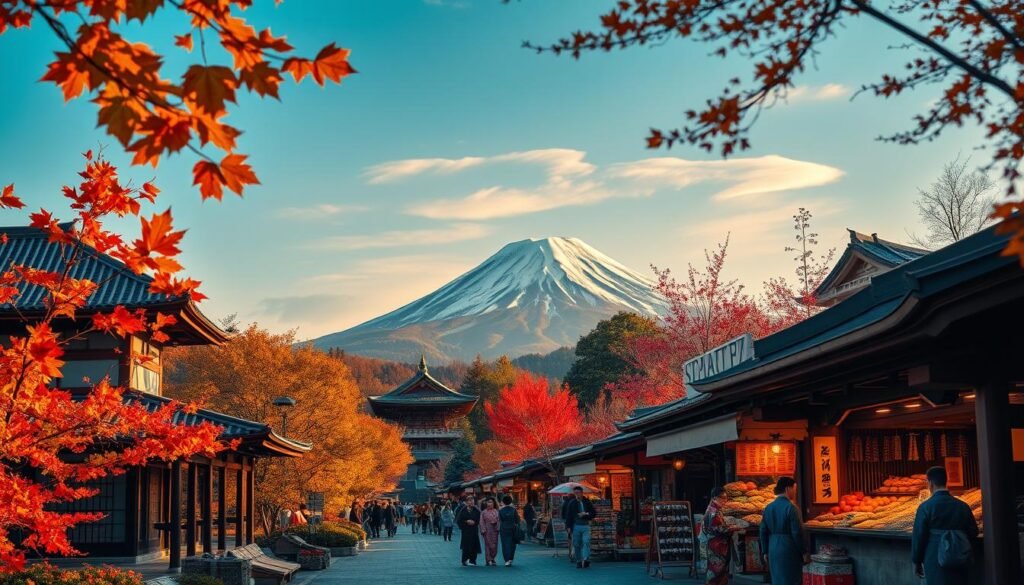 A dramatic Japanese landscape with seasonal attractions in the foreground, middle, and background. In the foreground, a traditional Japanese temple or shrine is set against a backdrop of vibrant fall foliage, with a torii gate framing the scene. In the middle ground, a bustling street market displays colorful seasonal produce and handcrafted goods, with people dressed in autumn kimonos. In the distance, a majestic Mount Fuji rises majestically, its snow-capped peak illuminated by the golden hour light. The scene is bathed in a warm, cinematic lighting that enhances the autumnal atmosphere. The overall composition conveys the harmony of Japan's natural beauty and rich cultural heritage across the seasons.
