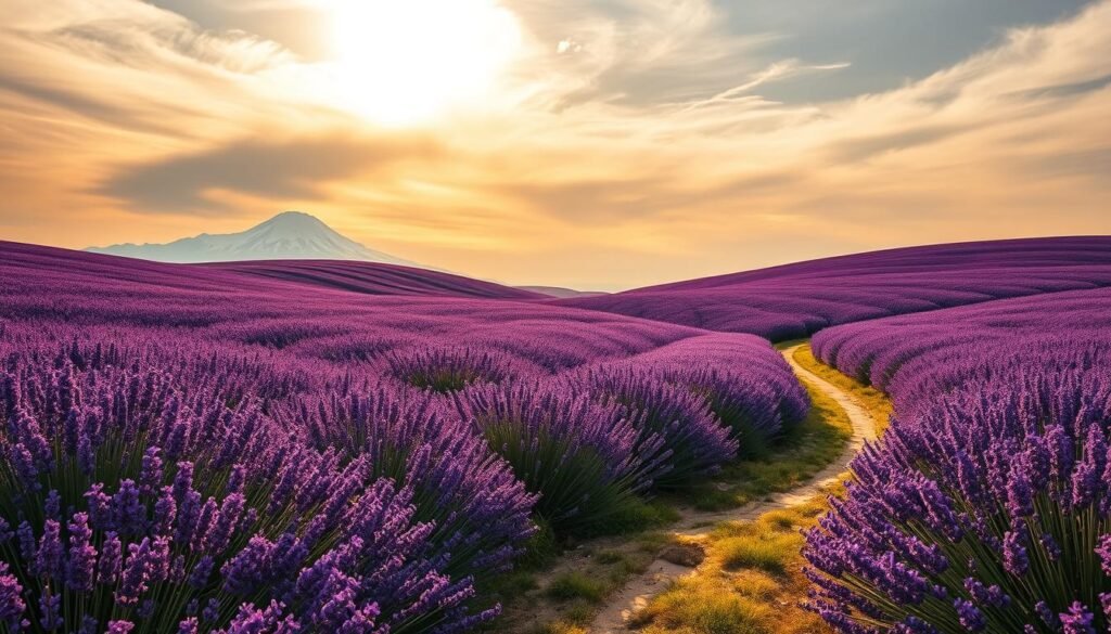 A lush, rolling lavender field set against the backdrop of snow-capped mountains in the distance. The vibrant purple hues are accentuated by warm, golden sunlight filtering through wispy clouds, casting a soft, dreamy glow over the scene. In the foreground, a winding path winds through the flowers, inviting the viewer to step into this serene landscape. The scene is captured with a wide-angle lens, providing a panoramic view that suggests the vastness and tranquility of the Japanese countryside in summertime.