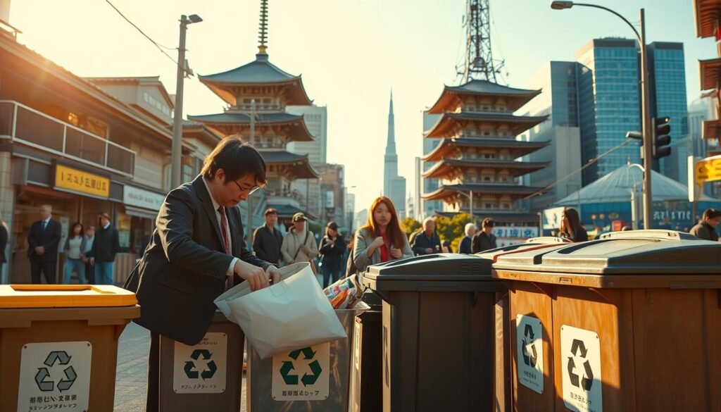 A serene Japanese street scene, bathed in warm, golden afternoon light. In the foreground, a stylish local resident dutifully sorts their household waste into various recycling bins, each labeled with clear icons. In the middle ground, tourists pause to observe the meticulous waste disposal process, their expressions a mix of fascination and mild confusion. In the background, iconic Japanese architecture, from traditional pagodas to modern skyscrapers, creates a harmonious cityscape. The overall mood is one of civic pride and environmental consciousness, reflecting Japan's celebrated waste management practices.