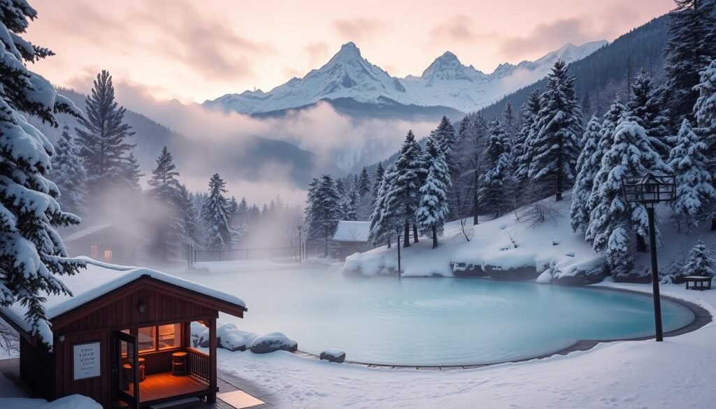 A serene winter wonderland nestled in the mountains of Japan, where steaming onsen pools are framed by snow-dusted pines and a soft, diffused light filters through the misty air. In the foreground, a quaint wooden bathhouse stands, its warm glow inviting weary travelers to soak away the chill. The middle ground features a tranquil onsen, its milky turquoise waters subtly rippling, surrounded by a blanket of pristine white snow. The background showcases the dramatic silhouettes of majestic peaks, their jagged forms cutting against a dusky, pastel sky. This picturesque scene captures the essence of a quintessential Japanese winter, where the natural beauty and the traditional culture seamlessly intertwine.
