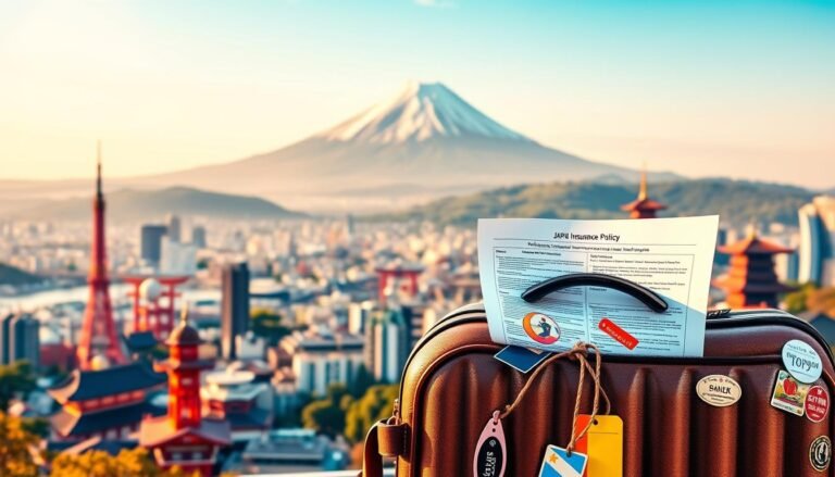 A vibrant, panoramic view of Japan's iconic landmarks, with a traveler's suitcase prominently displayed in the foreground. The suitcase is adorned with stickers and tags, hinting at the owner's adventurous spirit. In the middle ground, a detailed illustration of a travel insurance policy unfolds, its pages meticulously rendered. In the background, a majestic Mount Fuji rises above the horizon, its snow-capped peak bathed in warm, golden light. The scene conveys a sense of excitement and reassurance, capturing the essence of the need for travel insurance when exploring the wonders of Japan.