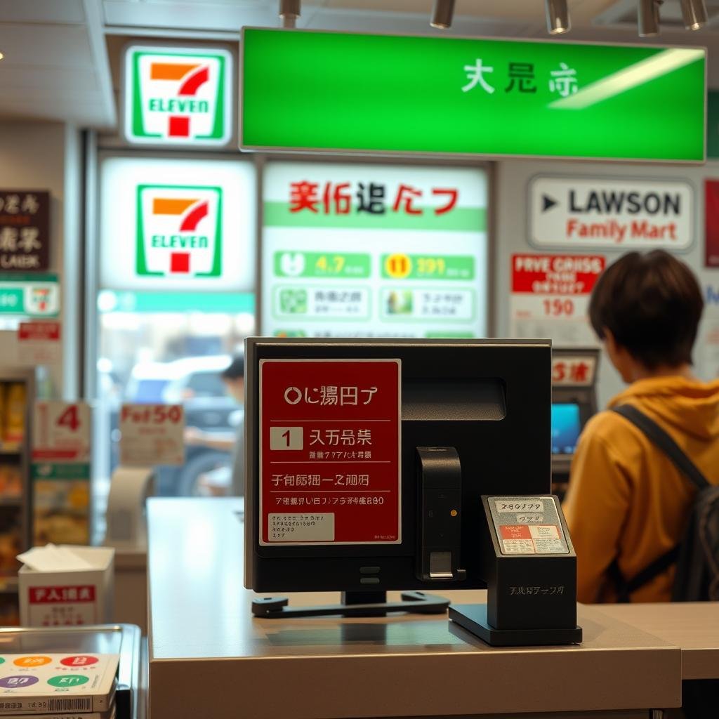 Convenience store checkout with payment options sign showing Discover Card accepted in Japan Convenience store checkout with payment options sign showing Discover Card accepted in Japan