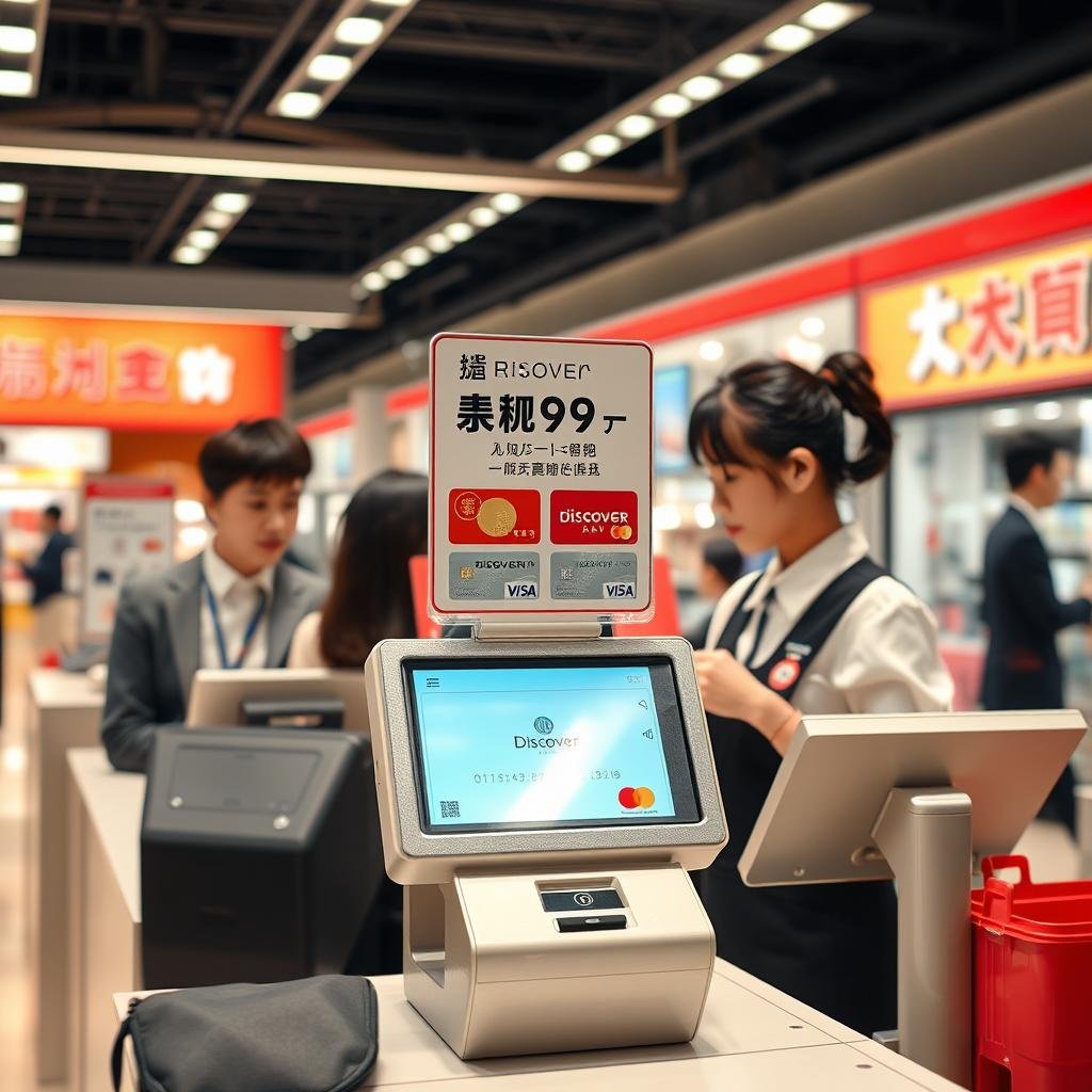 Department store checkout counter with Discover Card payment option in Japan Department store checkout counter with Discover Card payment option in Japan