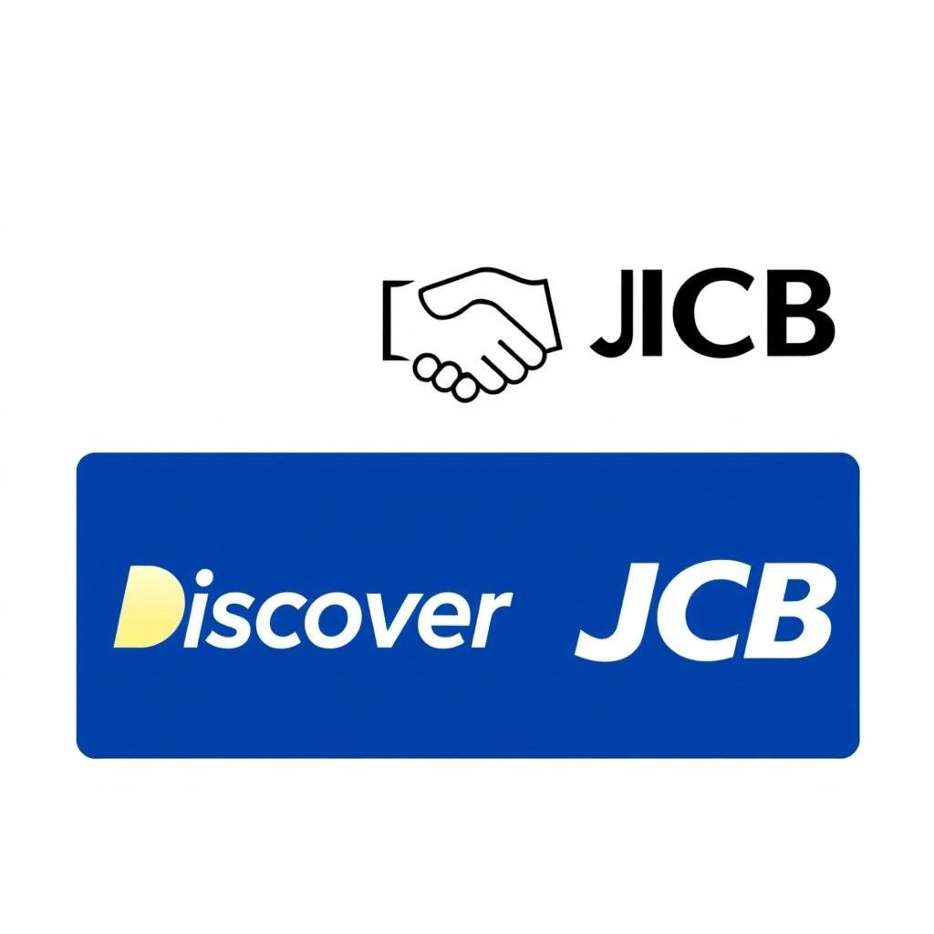 Discover Card and JCB partnership logos displayed together showing Discover Card accepted in Japan Discover Card and JCB partnership logos displayed together showing Discover Card accepted in Japan