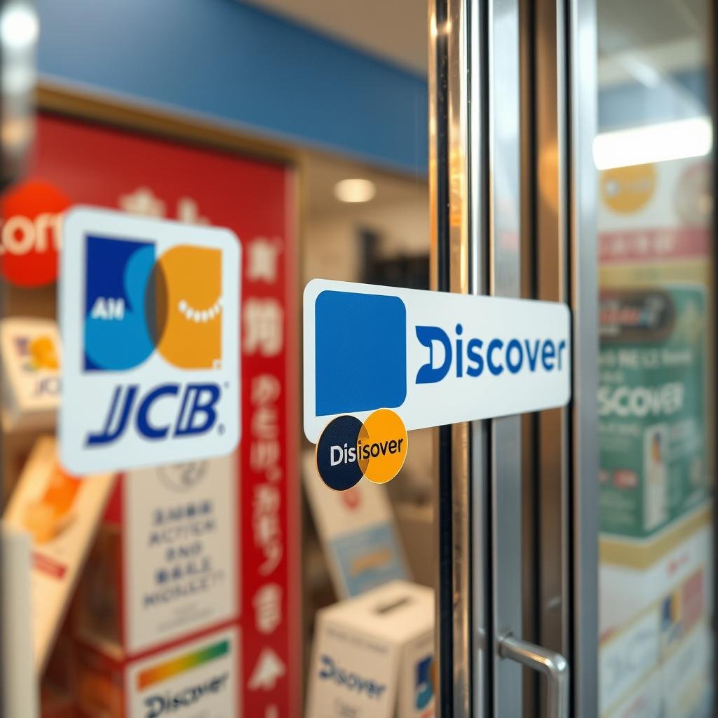 JCB and Discover Card logos displayed at a store entrance in Japan showing Discover Card accepted in Japan JCB and Discover Card logos displayed at a store entrance in Japan showing Discover Card accepted in Japan