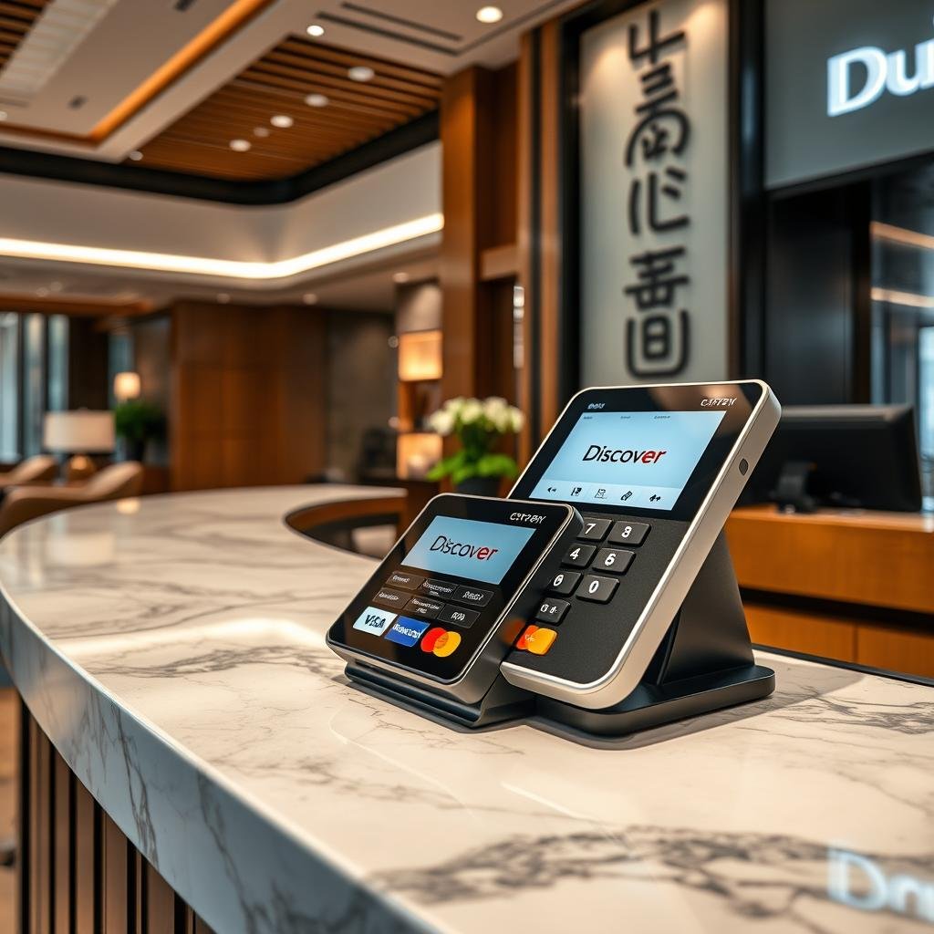 Luxury hotel reception desk with credit card payment terminal showing Discover Card accepted in Japan Luxury hotel reception desk with credit card payment terminal showing Discover Card accepted in Japan