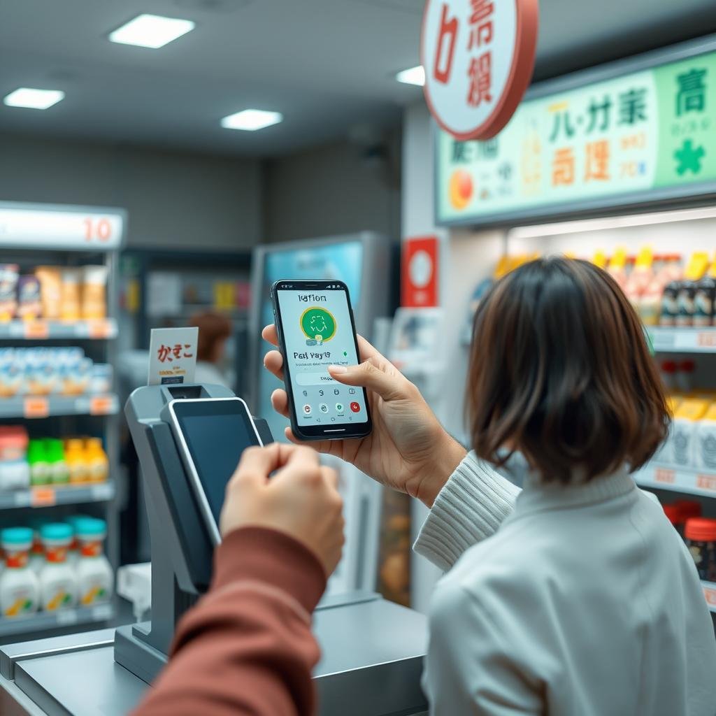 Mobile payment app being used at a Japanese convenience store Mobile payment app being used at a Japanese convenience store