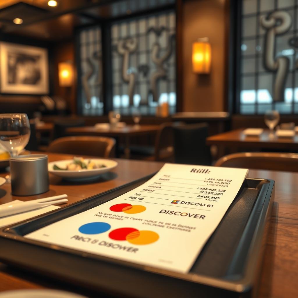 Restaurant bill tray with credit card options including Discover Card in Japan Restaurant bill tray with credit card options including Discover Card in Japan