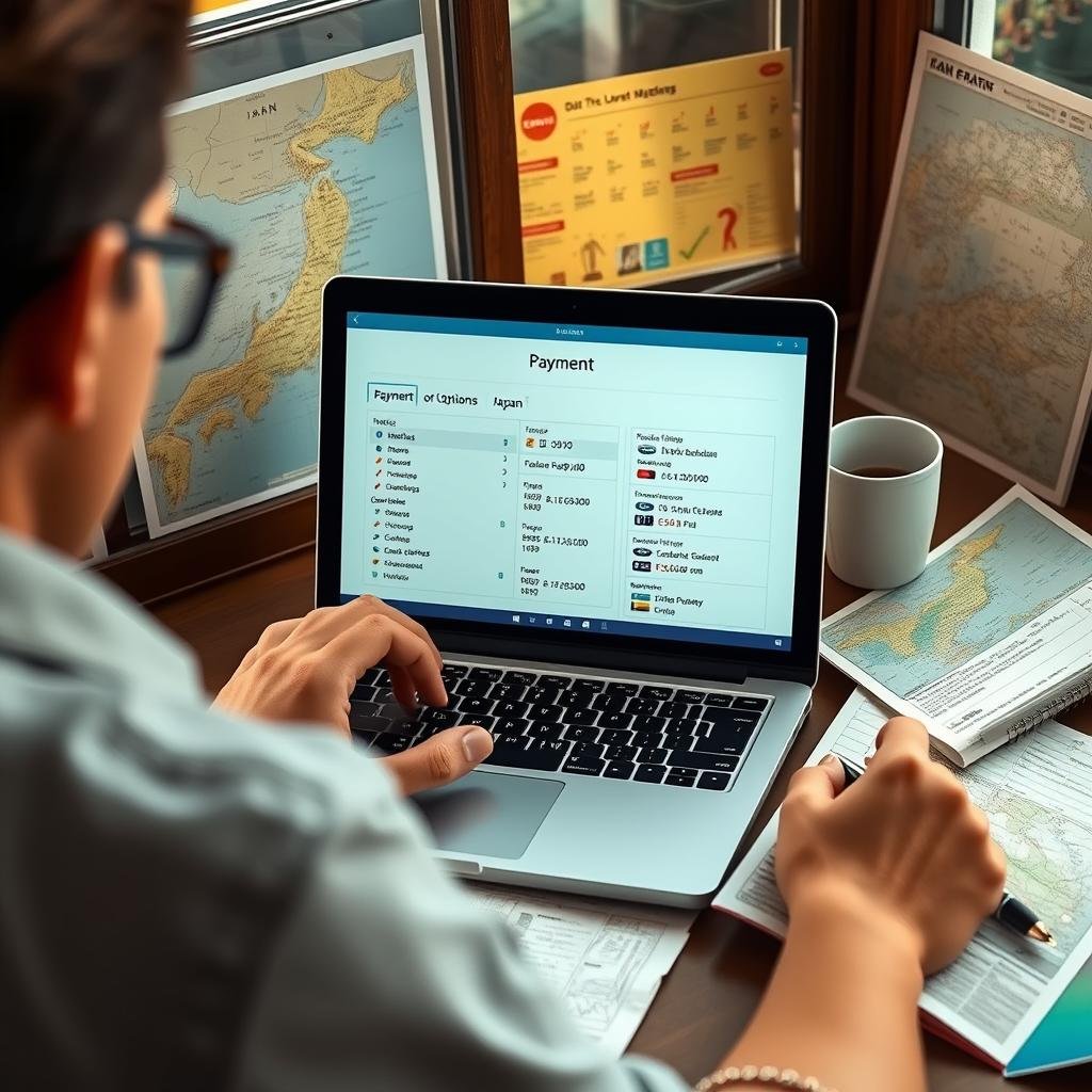 Tourist researching payment options before trip to Japan Tourist researching payment options before trip to Japan