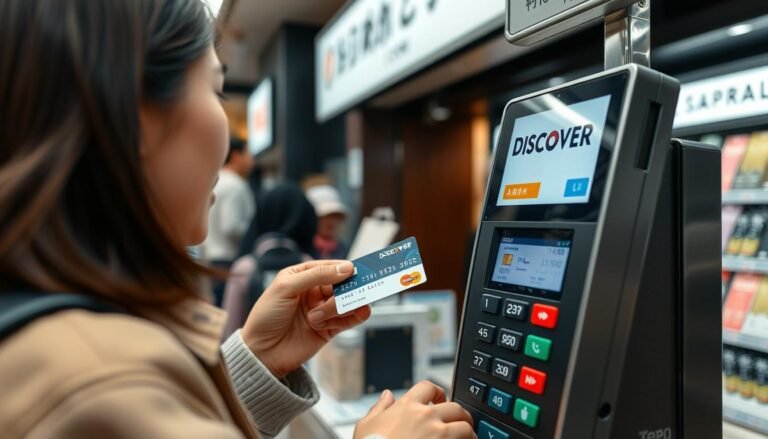 Tourist using credit card at a payment terminal in Tokyo, Japan with Discover Card accepted in Japan sign visible