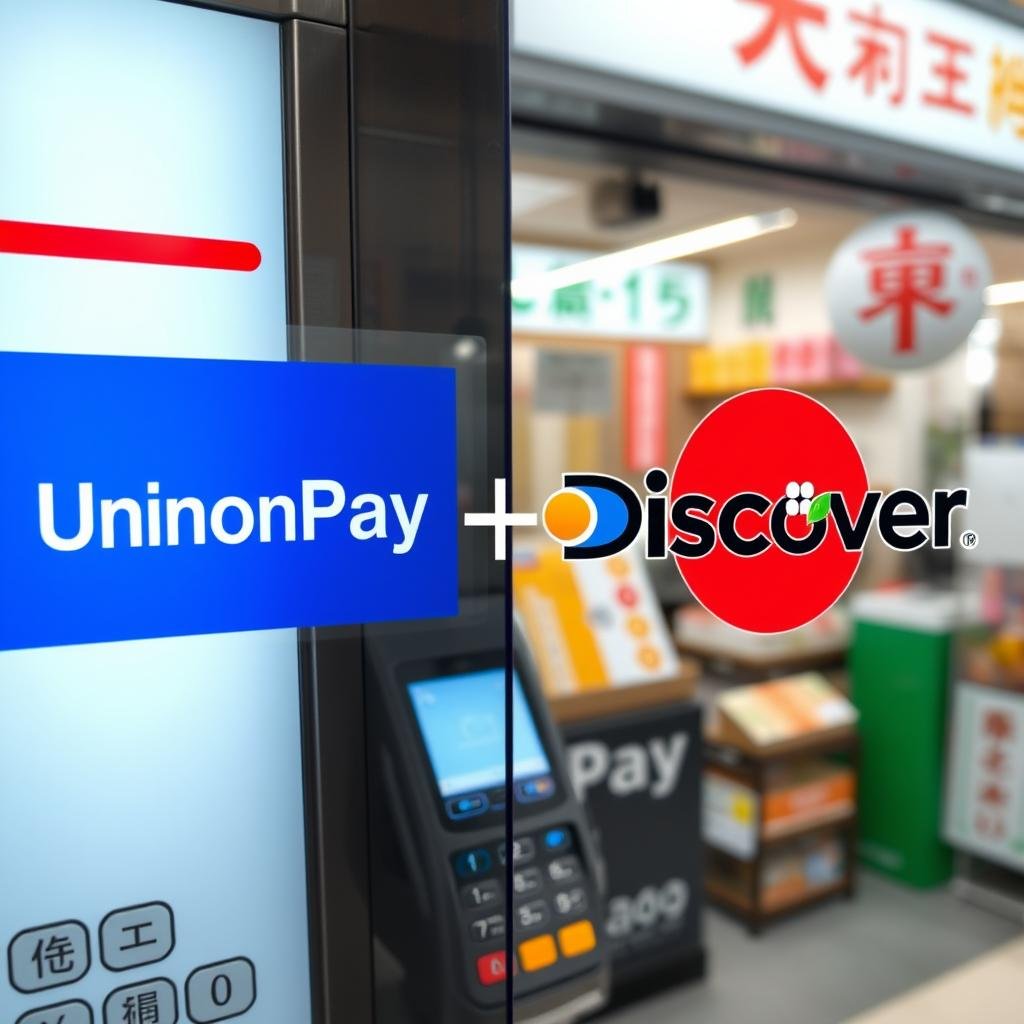 UnionPay and Discover Card logos at a payment terminal in Japan UnionPay and Discover Card logos at a payment terminal in Japan