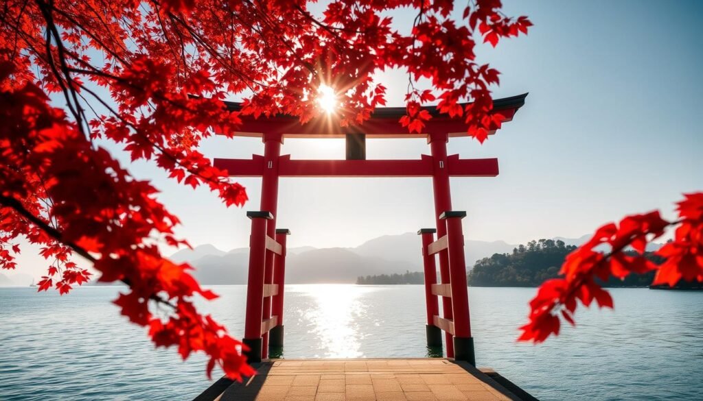 Vermilion torii gate of Itsukushima Shrine framed by the vibrant autumn foliage of Miyajima island, Japan. Warm sunlight filters through the crimson maple leaves, casting a golden glow on the iconic gate structure. Serene waters of the Seto Inland Sea reflect the scenic vista, creating a tranquil and picturesque atmosphere. Capture the essence of Japan's breathtaking autumn landscape in this masterfully composed image, showcasing the country's natural beauty and architectural wonders.