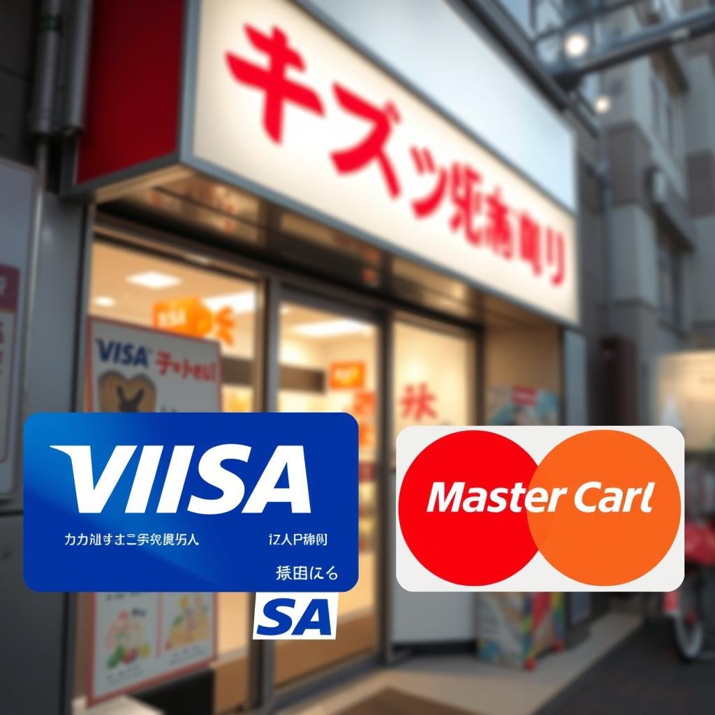 Visa and Mastercard logos prominently displayed at a Japanese store entrance Visa and Mastercard logos prominently displayed at a Japanese store entrance
