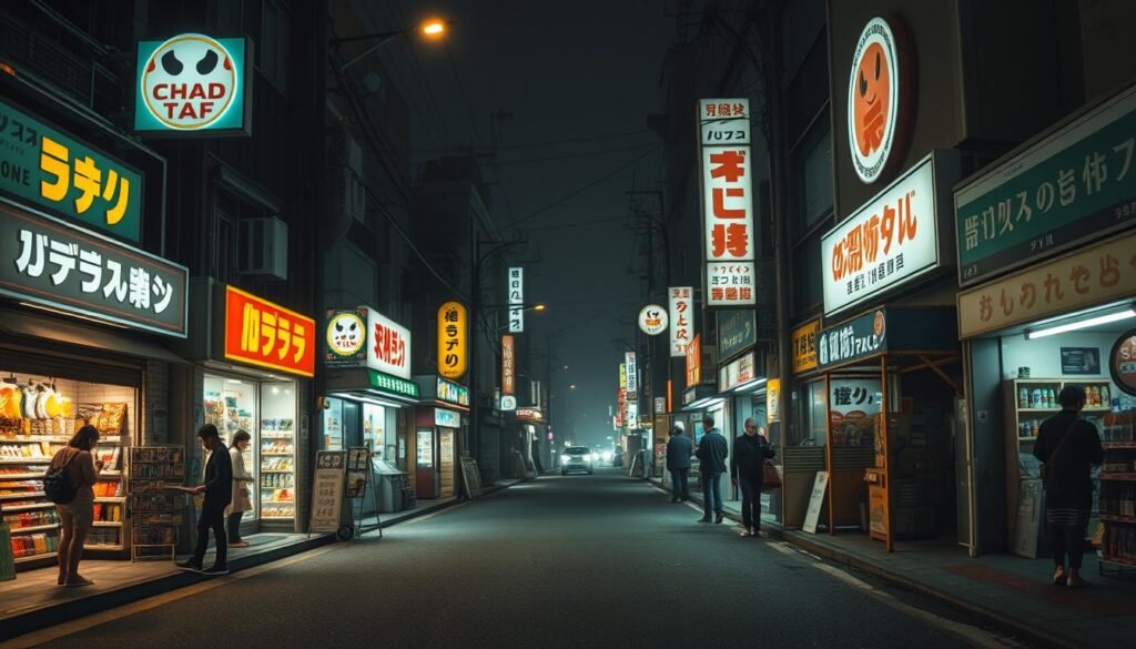 A dimly lit urban street, flanked by a row of lesser-known Japanese convenience store chains. The storefronts are adorned with neon signs and quirky logos, casting a warm glow on the asphalt. In the foreground, a group of locals browse the shelves, examining unique snacks and beverages. The middle ground features the distinctive architectural styles of these hidden gem konbini, each with its own character. The background is hazy, suggesting the bustling energy of a vibrant city neighborhood. The lighting is soft and moody, creating an atmospheric ambiance that invites the viewer to explore these unexpected convenience store treasures.