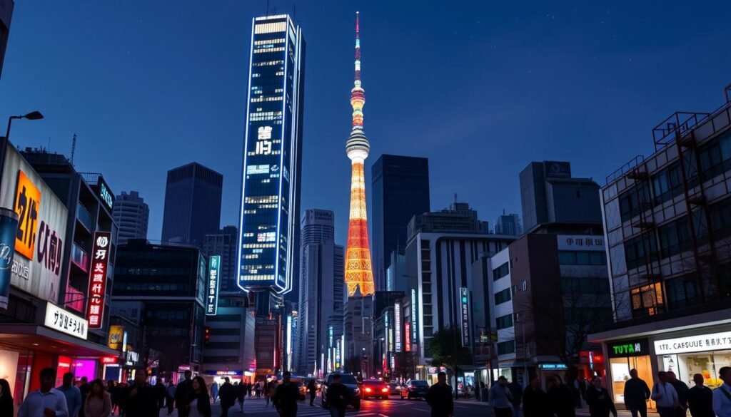 A futuristic downtown Tokyo skyline at night, featuring a towering capsule hotel as the focal point. The hotel's sleek, minimalist exterior is illuminated by neon-hued architectural lighting, casting a vibrant glow across the cityscape. In the foreground, the street level is bustling with pedestrians, their silhouettes and movement creating a sense of energy and liveliness. The middle ground features a mix of modern high-rises and traditional Japanese buildings, while the background is dominated by the iconic Tokyo Tower, its beacon-like top reaching towards the starry sky. The overall scene conveys a sense of technological innovation, urban density, and a glimpse into the unique accommodation options available in this futuristic metropolis.
