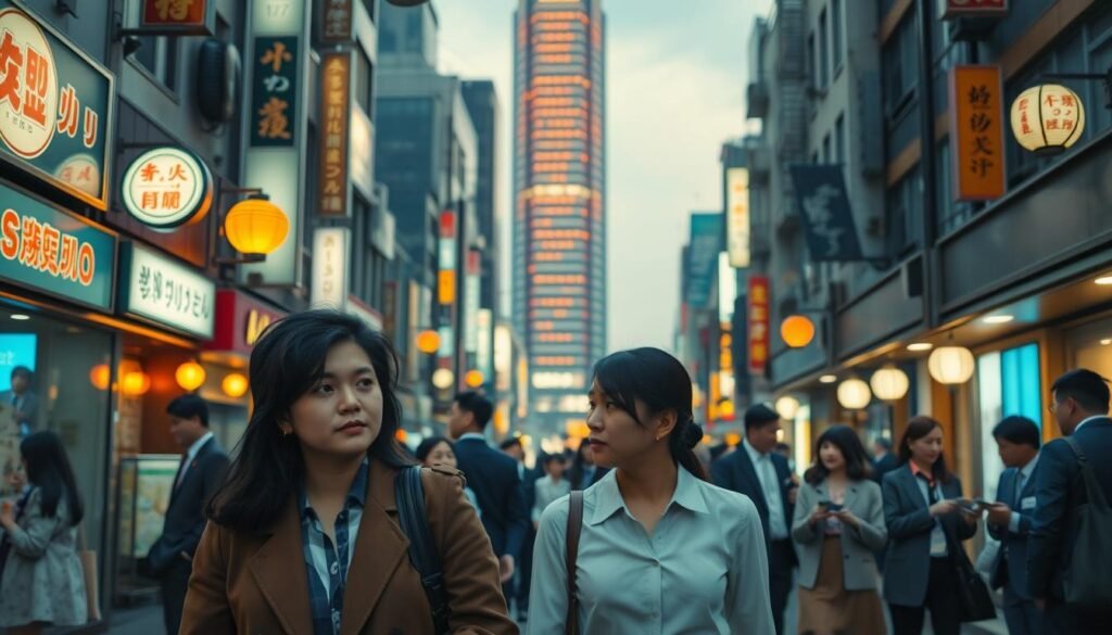 A bustling Japanese city street at dusk, with neon signs and lanterns casting a warm glow. In the foreground, a young professional couple strolls together, their body language suggesting an air of polite formality. In the middle ground, groups of well-dressed men and women mingle and converse, some exchanging business cards, hinting at the social dynamics of modern "marriage hunting" in Japan. In the background, a towering, contemporary office building looms, symbolizing the urban, career-driven landscape that shapes current marriage prospects. The scene conveys a sense of introspection, as the couple navigates the complexities of finding a partner in a rapidly evolving social landscape.