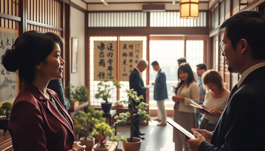 A bustling Japanese matchmaking office, illuminated by soft natural light filtering through shoji screens. In the foreground, two elegantly dressed individuals engage in a formal discussion, their expressions conveying anticipation and hope. The middle ground showcases traditional calligraphic wall hangings and potted bonsai plants, evoking a sense of cultural heritage. In the background, other clients peruse profiles and exchange introductions, the gentle murmur of conversation creating an atmosphere of quiet contemplation. The scene reflects the pivotal role matchmaking plays in Japanese society, connecting compatible individuals and preserving time-honored traditions.