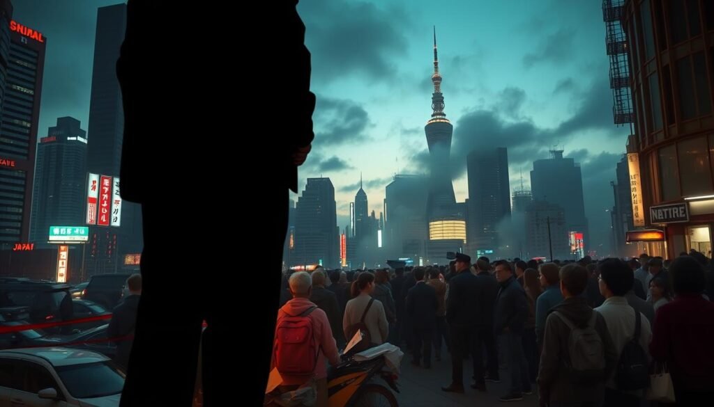 A bustling city skyline at twilight, with towering skyscrapers and neon-lit streets below. In the foreground, a shadowy figure stands amidst a maze of bureaucratic paperwork and red tape, symbolizing the legal and administrative challenges faced by those navigating Japan's complex systems. The middle ground features a crowd of people, some seemingly lost or distressed, reflecting the plight of the Johatsu - the "evaporated people" who vanish without a trace. The background is shrouded in a hazy, atmospheric mist, conveying the mysterious and enigmatic nature of the phenomenon. The scene is illuminated by a warm, diffused lighting, creating a sense of melancholy and introspection.