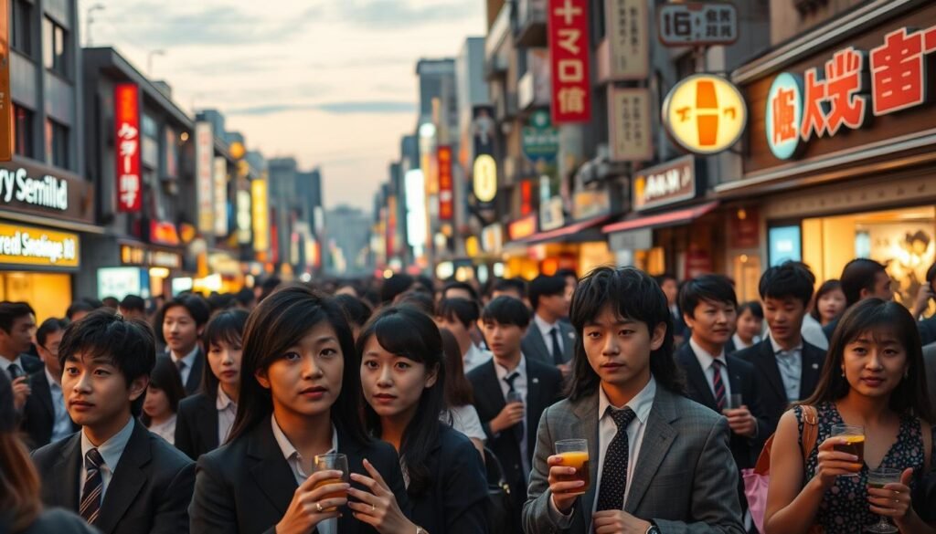 A crowded Japanese streetscape, bathed in the warm glow of dusk. In the foreground, a group of well-dressed young professionals, eyes scanning the crowd, engaged in lively conversation, their body language exuding a sense of nervous anticipation. In the middle ground, couples stroll hand-in-hand, while singles mingle, drinks in hand, seeking potential partners. The background is dotted with neon-lit storefronts, a bustling urban landscape that sets the stage for this ritualistic "marriage hunt." The atmosphere is charged with a palpable energy, a blend of excitement, hope, and the weight of societal expectations.