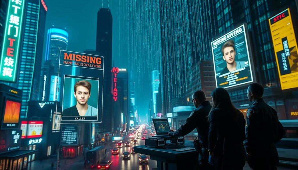 A dimly lit cyberpunk cityscape, with towering skyscrapers and neon-lit streets. In the foreground, a holographic display projects a missing person's profile, their details and photo highlighted in vivid detail. In the middle ground, law enforcement agents huddle around a table, analyzing data from various digital sources - GPS, social media, surveillance cameras. The background is a hazy blend of digital code, with lines of data streaming across the sky, reflecting the advanced technological capabilities used to track the disappeared. The scene conveys a sense of urgency and the critical role that technology plays in the search for missing persons.