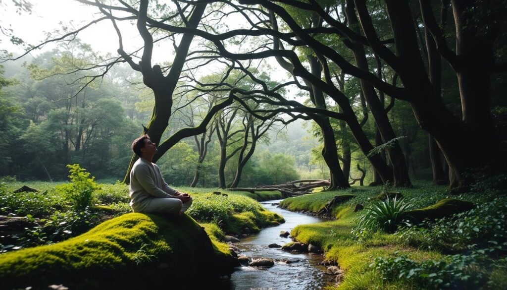 A lush, verdant forest bathed in soft, diffused natural light. In the foreground, a person sits cross-legged on a mossy log, eyes closed, fully immersed in the tranquil surroundings. The middle ground features a shallow stream winding through the undergrowth, its gentle flow providing a soothing soundtrack. Towering trees with intertwined branches create a canopy overhead, filtering the sunlight and casting a warm, calming glow across the scene. The background is dominated by a hazy, distant treeline, conveying a sense of depth and the expansiveness of the forest. The overall atmosphere is one of serene contemplation, inviting the viewer to experience the restorative power of Shinrin-yoku, or "forest bathing".