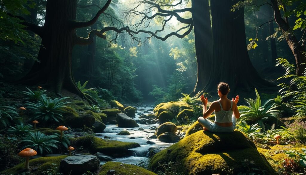 A serene forest glade bathed in soft, diffused natural light. In the foreground, a person sits cross-legged on a moss-covered rock, palms facing upwards in a meditative pose. Surrounding them, lush ferns, mushrooms, and wildflowers create a verdant, tranquil atmosphere. In the middle ground, a babbling brook flows over smooth stones, its gentle sounds echoing through the stillness. Towering, ancient trees form a protective canopy overhead, their branches swaying gently in a light breeze. An atmosphere of holistic wellness and deep connection with nature permeates the scene.