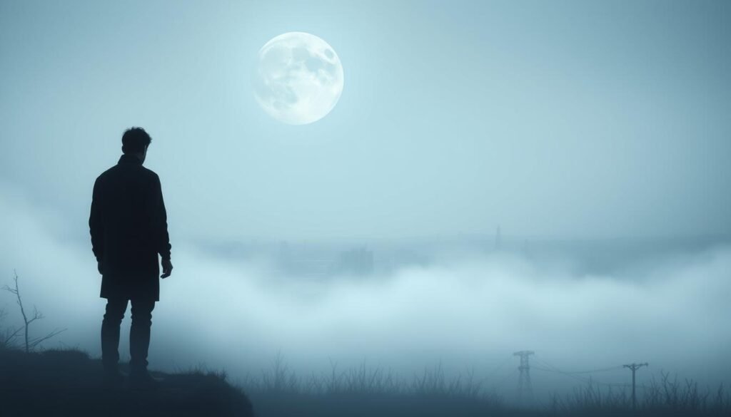 A surreal, dreamlike landscape depicting the social and cultural factors leading to the phenomenon of "johatsu" - the vanishing of people in Japan. In the foreground, a solitary figure stands with their back turned, their silhouette fading into the mist. The middle ground features a sparse, monochromatic cityscape, with buildings and infrastructure appearing to dissolve. In the distance, a stark, moon-like sky casts an eerie glow, underscoring the sense of isolation and detachment. The scene is bathed in a cool, desaturated palette, creating an atmosphere of melancholy and disquiet. Subtle visual cues, such as the absence of people and the blurring of boundaries, evoke the notion of social disconnection and cultural pressures that may contribute to the phenomenon of "johatsu."