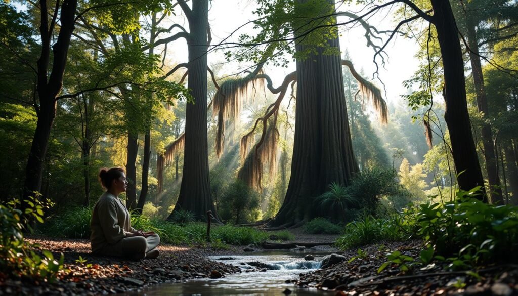 A tranquil forest setting, with a person sitting cross-legged on the ground, practicing mindful meditation. Soft, dappled sunlight filters through the lush, verdant canopy, creating a serene and peaceful atmosphere. The figure is dressed in earthy, natural tones, blending seamlessly with the surrounding environment. In the middle ground, a small stream gently flows, its calming sounds adding to the meditative experience. The background features towering, ancient trees, their branches reaching skyward, creating a sense of solitude and connection with nature. The overall scene conveys a deep sense of relaxation, introspection, and the rejuvenating power of immersing oneself in the natural world.